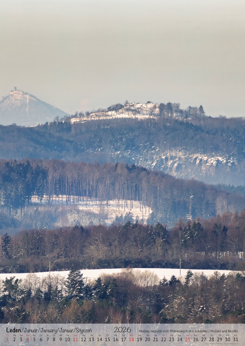 Nástěnný kalendář 2026, Příhrazské skály, Český ráj, strana měsíce leden, verze na výšku