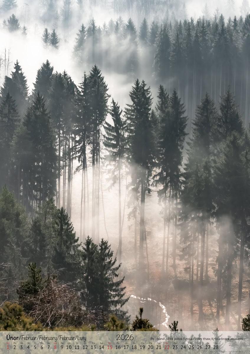 Nástěnný kalendář 2026, Příhrazské skály, Český ráj, strana měsíce únor, verze na výšku