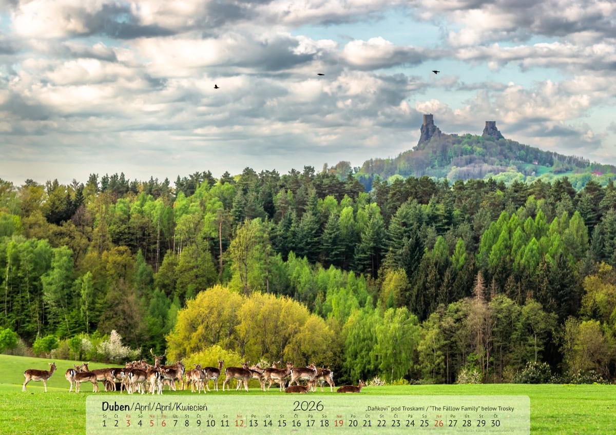 Nástěnný kalendář 2026, Český ráj, strana měsíce duben, verze na šířku