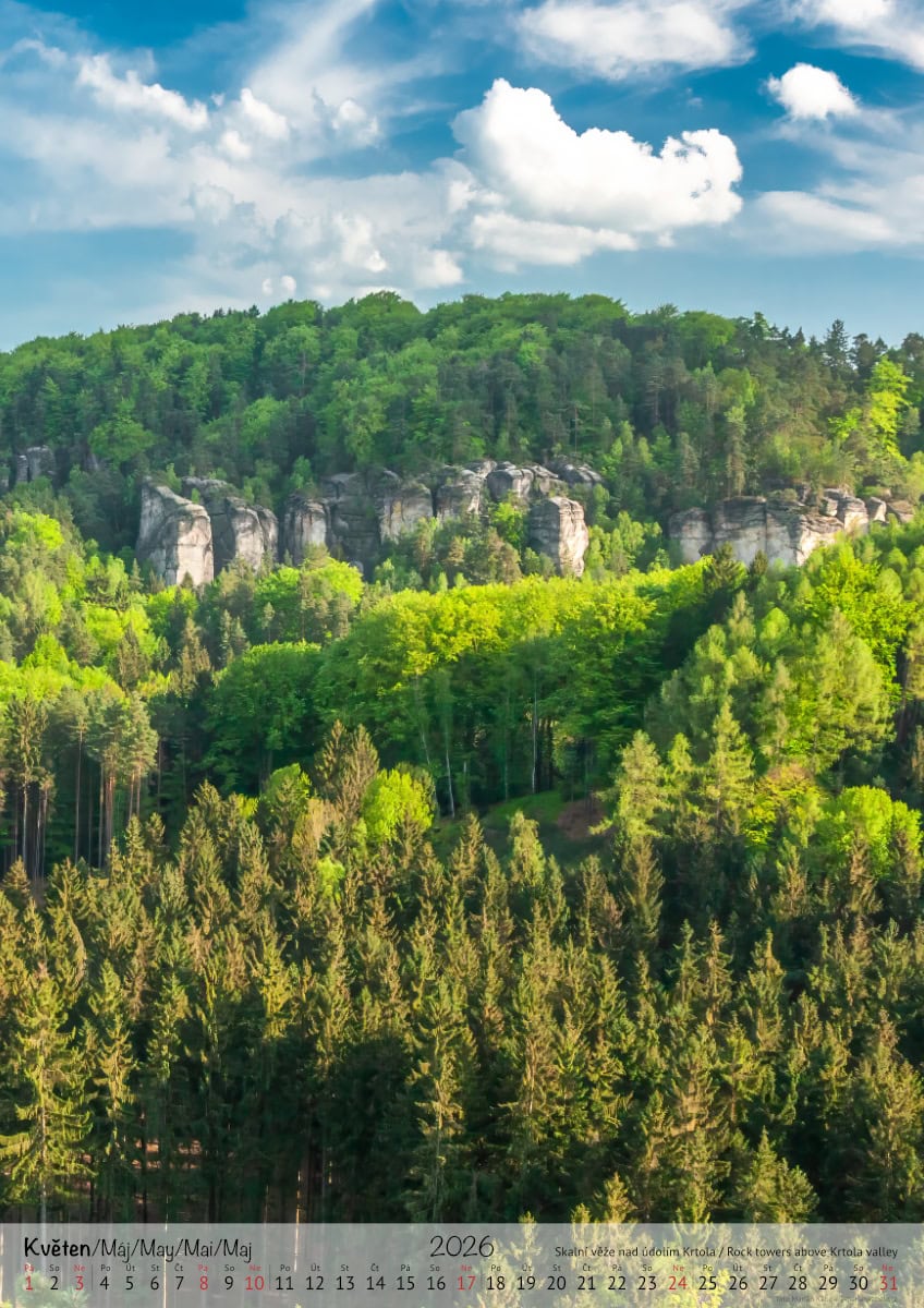 Nástěnný kalendář 2026, Příhrazské skály, Český ráj, strana měsíce květen, verze na výšku