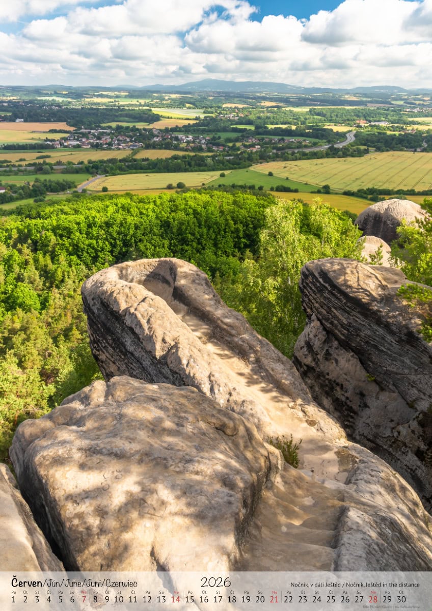 Nástěnný kalendář 2026, Příhrazské skály, Český ráj, strana měsíce červen, verze na výšku