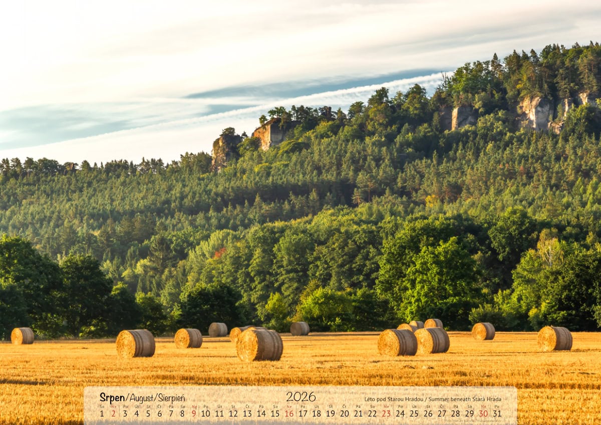 Nástěnný kalendář 2026, Český ráj, strana měsíce srpen, verze na šířku