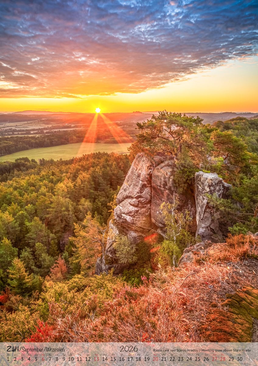 Nástěnný kalendář 2026, Příhrazské skály, Český ráj, strana měsíce září, verze na výšku