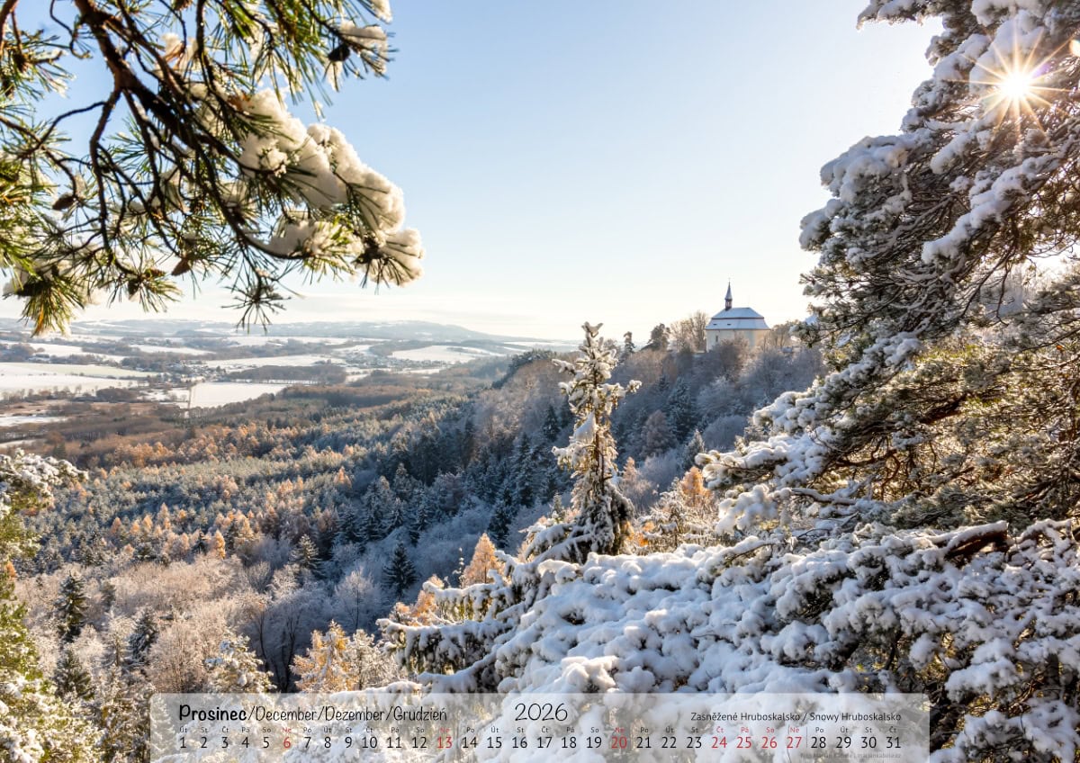 Nástěnný kalendář 2026, Český ráj, strana měsíce prosinec, verze na šířku