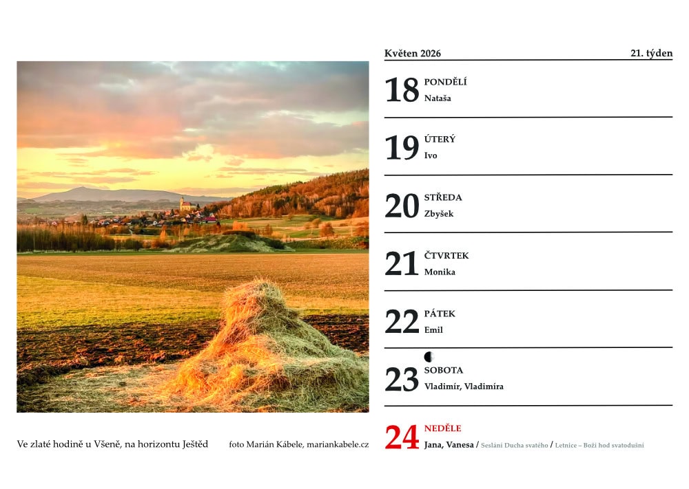Stolní týdenní kalendář Český ráj 2026 – ukázka z kalendáře
