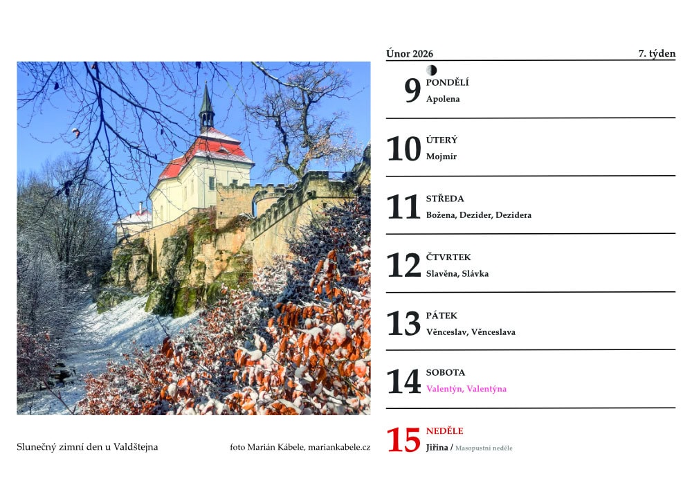 Stolní týdenní kalendář Český ráj 2026 – ukázka z kalendáře