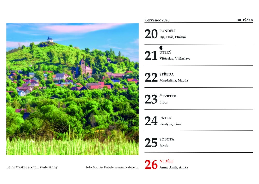 Stolní týdenní kalendář Český ráj 2026 – ukázka z kalendáře