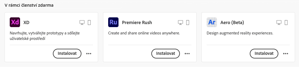 Přehled aplikací Adobe dostupných v rámci cenového plánu pro digitální fotografii.